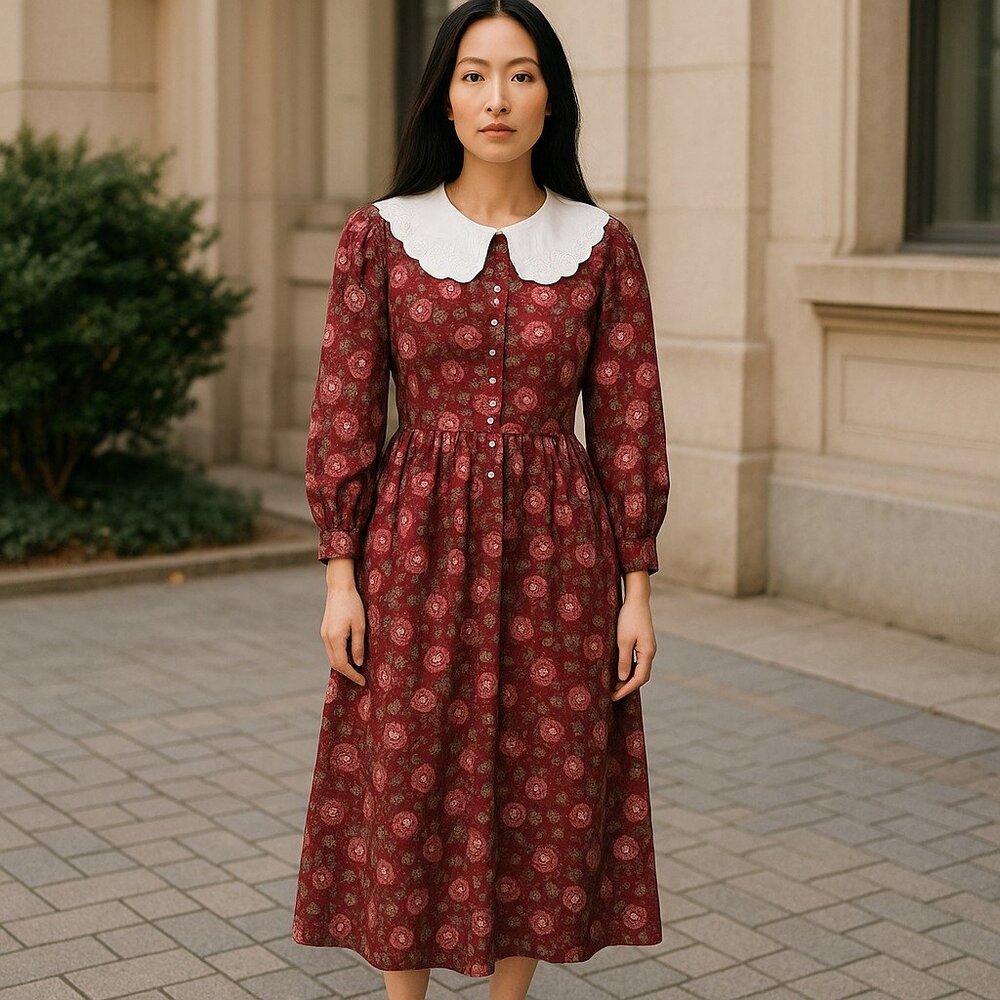Vintage Grandmacore Prairiecore Burgundy Red Floral 3/4 Long Sleeve  Midi Dress